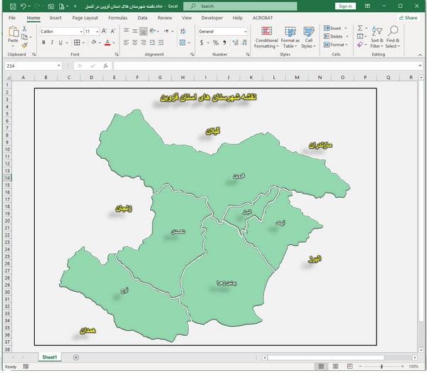 نقشه شهرستان های استان قزوین در اکسل