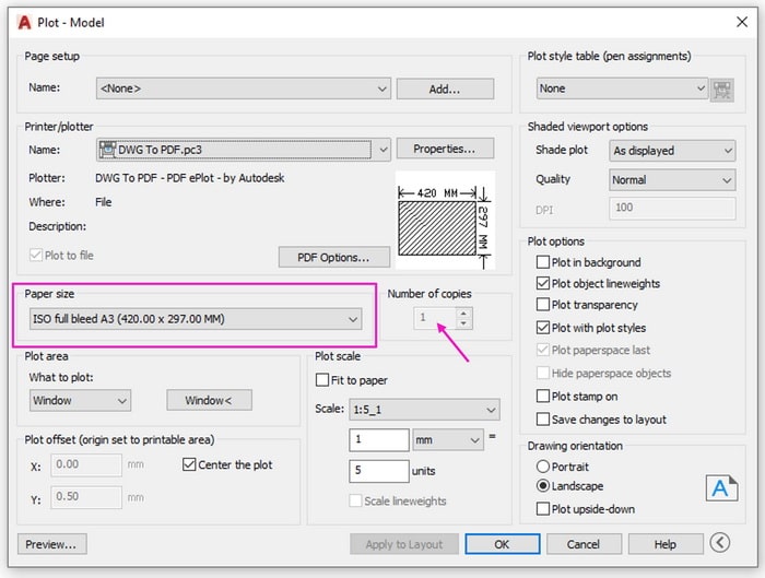 در پنجره پرینت اتوکد Paper size قسمت