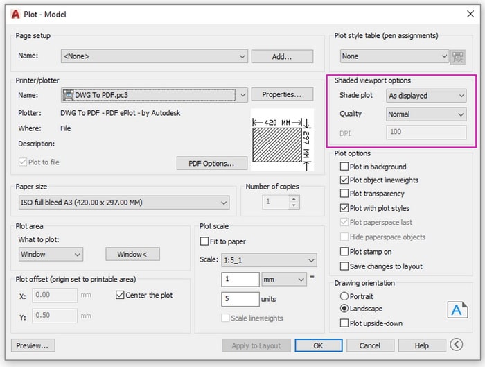 در پنجره پرینت اتوکد Shaded viewport options قسمت