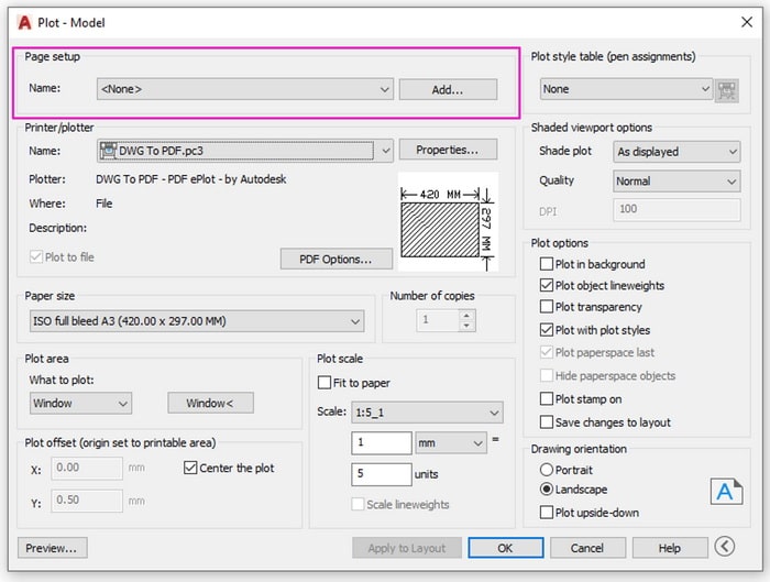 در پنجره پرینت اتوکد Page Setup قسمت